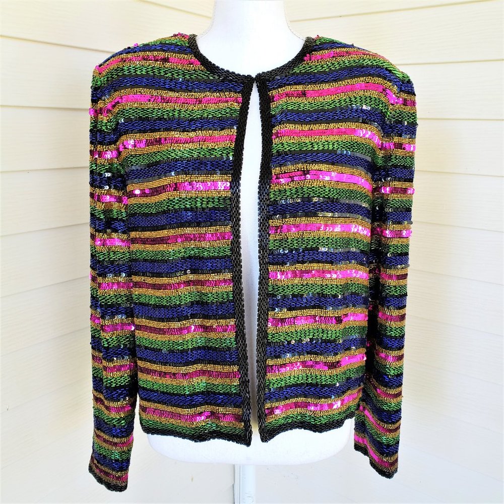 Vintage 90s Gorgeous Multicolor Sequined Evening Jacket Adrianna Papell Evening